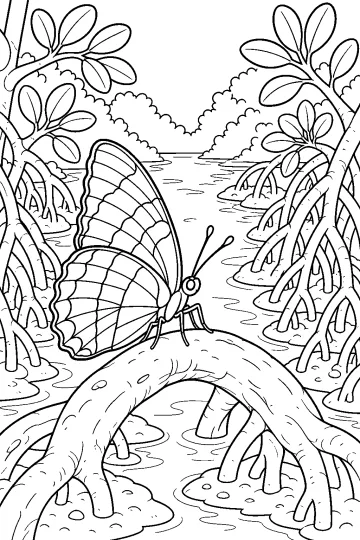Papillon aux ailes rayées sur une racine de mangrove arquée au-dessus de l'eau