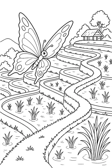 Gran mariposa volando sobre terrazas de arroz con agua, senderos de hierba, árboles y una cabaña