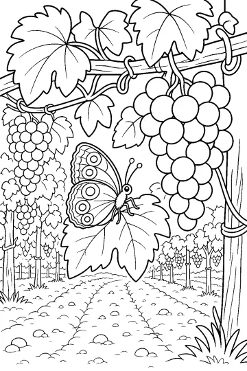 Disegno da colorare di una farfalla tra foglie di vite e grandi grappoli d'uva in un vigneto