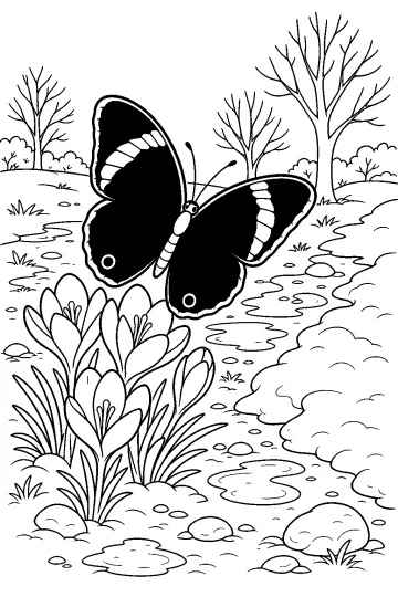 Grand papillon aux ailes décorées parmi des fleurs, un étang, des pierres et des arbres nus