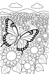 Farfalla tra i girasoli disegno da colorare PDF gratis