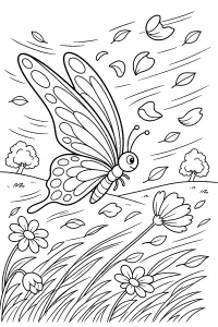 Butterfly Among Windblown Leaves and Flowers coloring page free PDF