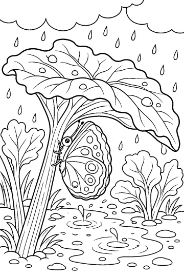 Papillon aux ailes fermées sous une grande feuille sous la pluie, près d'une flaque
