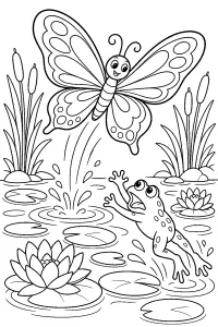 Farfalla e rana nello stagno disegno da colorare PDF gratis