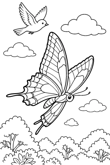 Grande farfalla in volo con un uccellino, nuvole e alberi sullo sfondo
