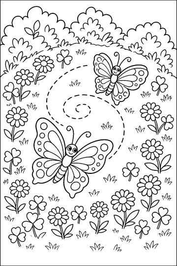 Deux papillons aux ailes décorées au-dessus d'une prairie avec des fleurs, de l'herbe et des buissons