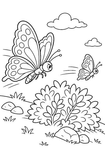 Two patterned butterflies flying over a large leafy bush with rocks, grass tufts, and clouds.