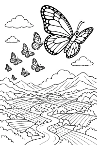 Farfalle sopra una valle disegno da colorare PDF gratis