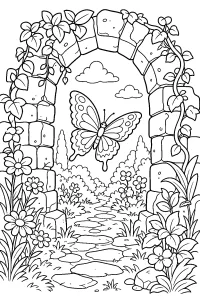 Mariposa bajo el arco de piedra dibujo para colorear PDF gratis