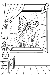 Farfalla davanti alla finestra aperta disegno da colorare PDF gratis