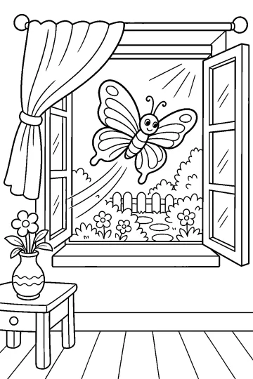 Mariposa sonriente junto a una ventana abierta con cortina y jardín con flores