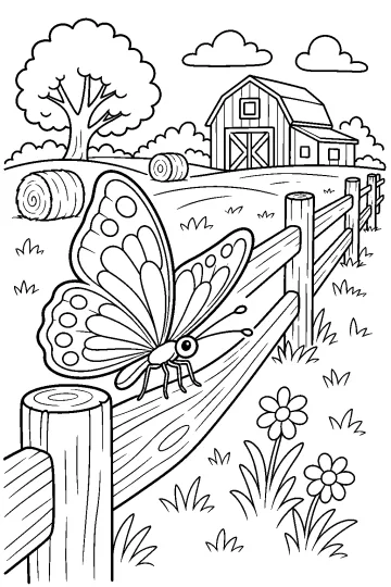 Gran mariposa sobre una valla de madera en una granja con granero, pacas de heno, árbol y flores.