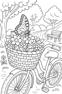 Farfalla sui fiori nel cestino della bicicletta disegno da colorare PDF gratis