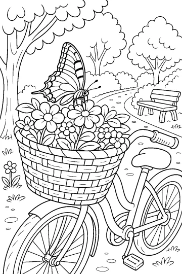 Farfalla posata sui fiori in un cestino intrecciato montato su una bicicletta in un parco