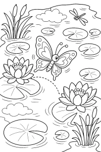 Farfalla tra ninfee e fiori disegno da colorare PDF gratis