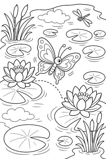 Ausmalbild mit einem Schmetterling zwischen Seerosen, Blumen, Schwimmblättern und Schilf