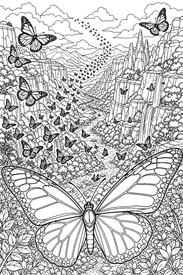 Dibujo para colorear de grandes mariposas y un enjambre sobre un cañón con río, cascadas y montañas.