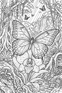 Grande farfalla nella foresta pluviale disegno da colorare PDF gratis