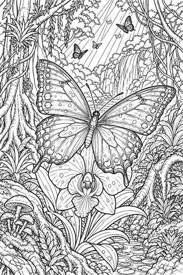 Grande farfalla dalle ali decorate su un fiore nella foresta pluviale, con cascata, piante, liane e funghi.