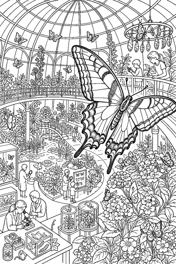 Grande farfalla in un conservatorio con cupola di vetro, fiori, piante, passerelle, visitatori e crisalidi.