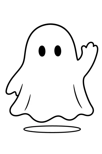 Disegno da colorare di un fantasma con due occhi ovali e una mano alzata, sopra un'ombra ovale.