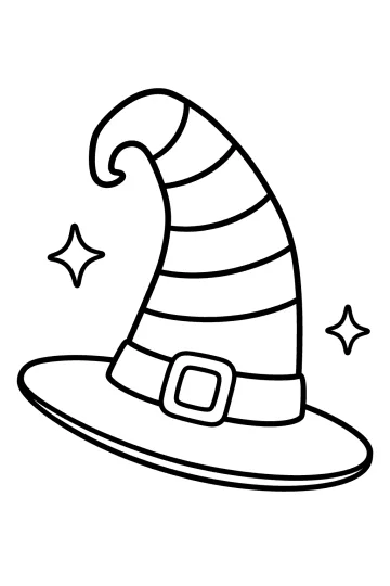 Cappello da strega a punta piegata con fasce a righe, fibbia quadrata e due stelline.