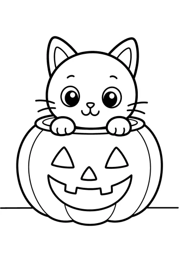 Coloring page of a kitten with its paws on a smiling Halloween pumpkin.