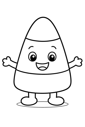 Candy corn sorridente con braccia aperte, piedini e tre fasce