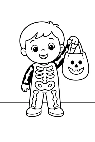 Bambino in costume da scheletro che solleva un sacchetto con faccia di zucca
