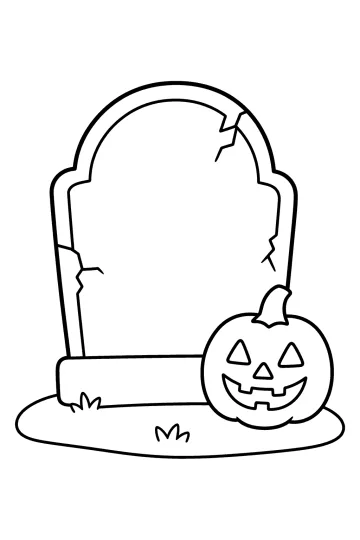 Dibujo de una lápida agrietada con una calabaza sonriente sobre hierba.