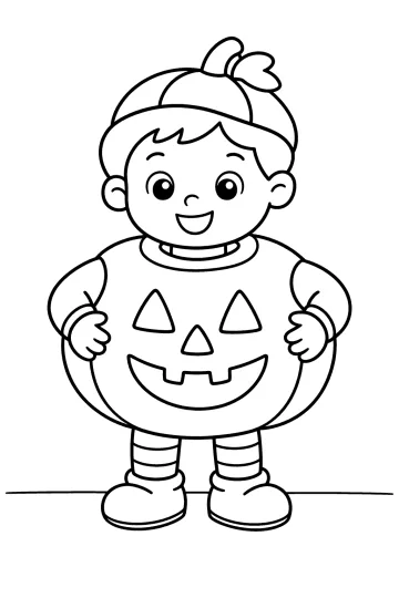 Bambino sorridente con grande costume da zucca, calze a righe e scarpe