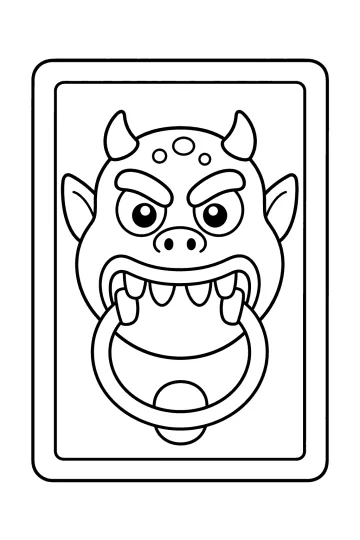 Kleurplaat van een deurklopper met monstergezicht, hoorns, tanden en een grote ring op een deurpaneel