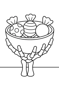 Mano scheletrica con ciotola di caramelle disegno da colorare PDF gratis