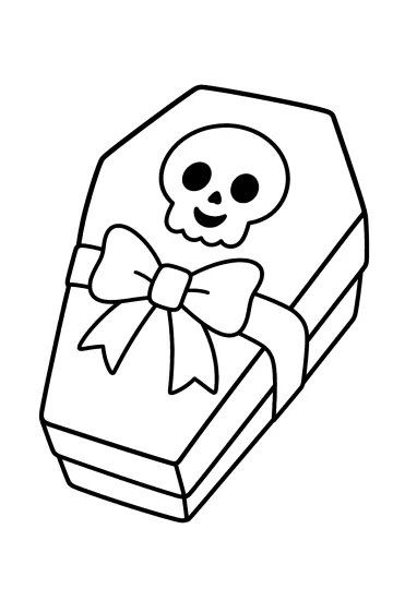 Coffin-shaped gift box with a smiling skull and large ribbon bow
