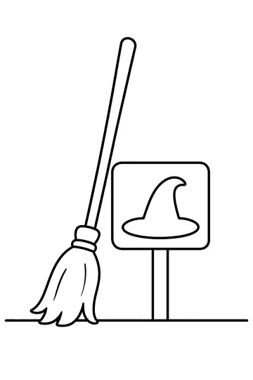 Dibujo para colorear de una escoba de bruja junto a un cartel con sombrero de bruja.
