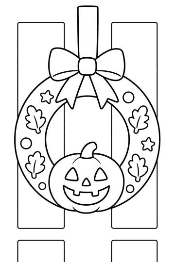 Couronne d’Halloween suspendue à une porte avec nœud, citrouille souriante, feuilles, ronds et étoiles.
