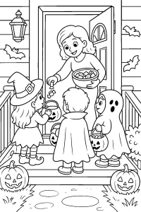 Bambini in costume per Halloween alla porta disegno da colorare PDF gratis