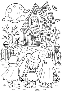 Amici davanti alla casa stregata disegno da colorare PDF gratis