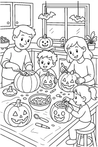 Familie snijdt Halloweenpompoenen uit kleurplaat gratis PDF