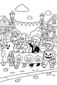 Parade d'Halloween déguisée dessin à colorier PDF gratuit