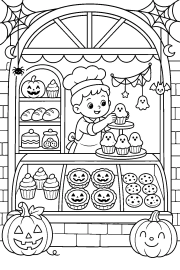 Pasticciere dietro una vetrina di Halloween con cupcake fantasma, dolci alla zucca, biscotti e ragnatele.