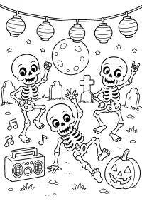 Dansende skeletten op een Halloweenfeest kleurplaat gratis PDF