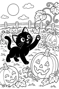 Chat noir dans un champ de citrouilles d’Halloween dessin à colorier PDF gratuit