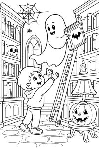 Freundliches Gespenst in der Halloween-Bibliothek malvorlage kostenlos PDF