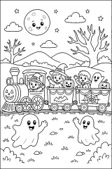 Treno di Halloween con fantasmi e zucche disegno da colorare PDF gratis