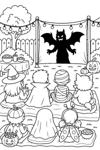 Enfants déguisés à la séance d'Halloween dessin à colorier PDF gratuit