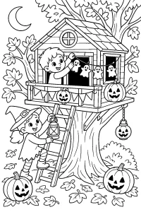 Cabane dans l’arbre d’Halloween dessin à colorier PDF gratuit
