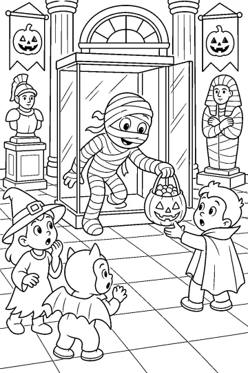 Gentille momie sortant d'une vitrine de musée pour Halloween, avec des enfants costumés et un panier citrouille.