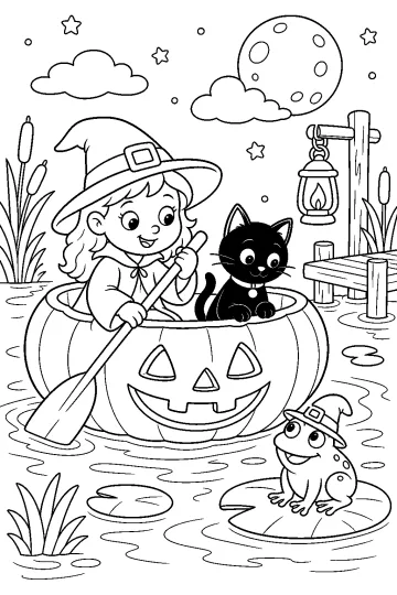 Sorcière avec chat noir dans une barque citrouille sur un étang, avec grenouille, lune et lanterne.