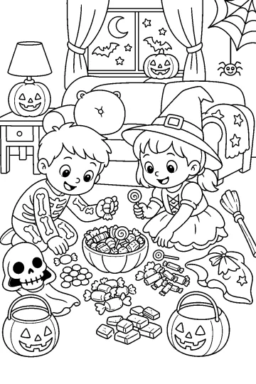 Due bambini in costume da strega dividono caramelle in un salotto decorato per Halloween.